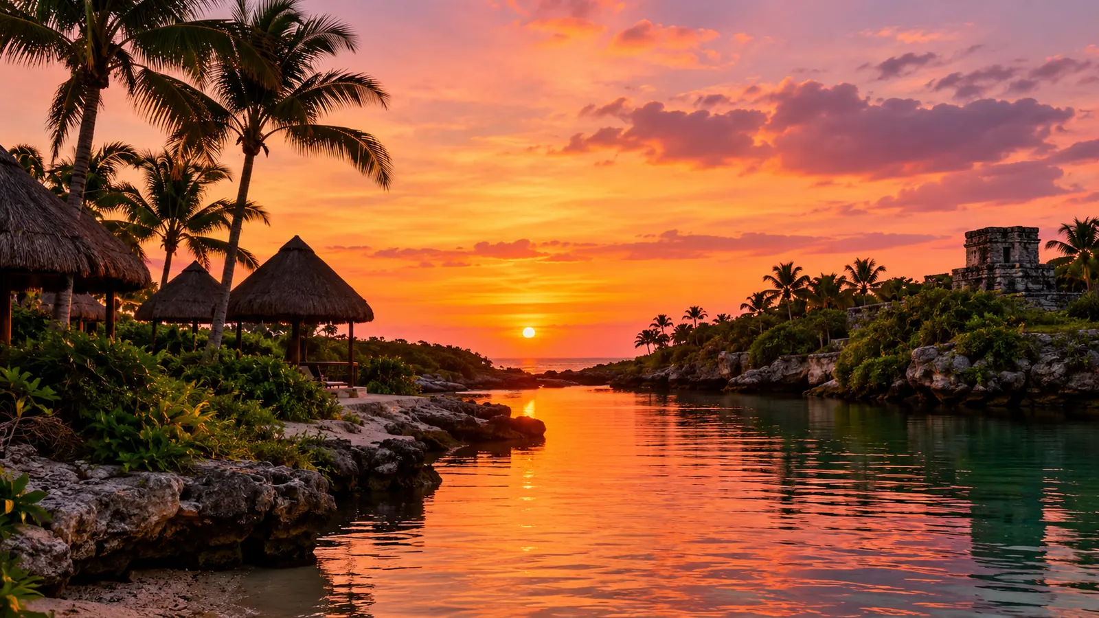 Sonnenuntergang über einer Dschungelbucht mit strohgedeckten Palapas in der Riviera Maya