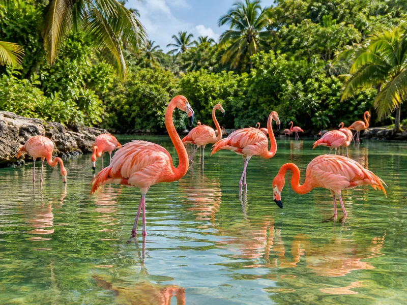 Rosa Flamingos waten in einer grünen Dschungellagune